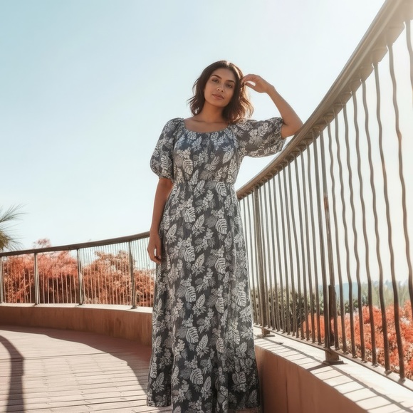 New XL Floral Palm Dress Green Long Flowing comfortable modest maxi boho - Picture 3 of 6